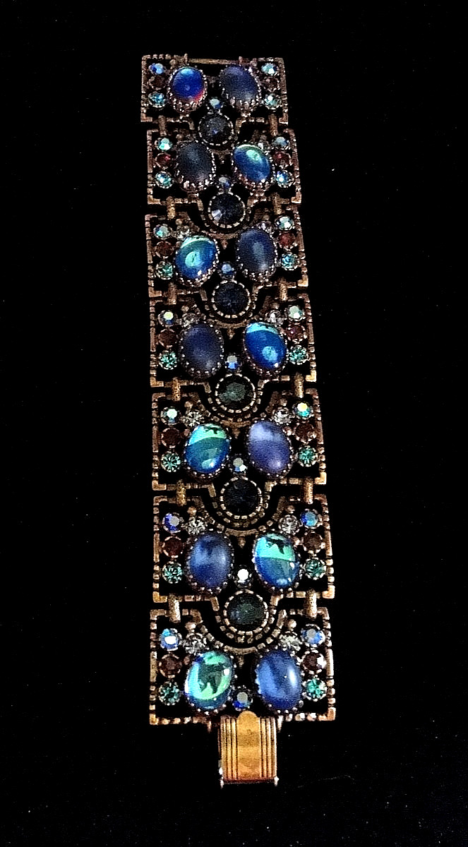MINT Sweet Romance USA Bronze Link Bracelet with Blue Art Glass & Rhinestones