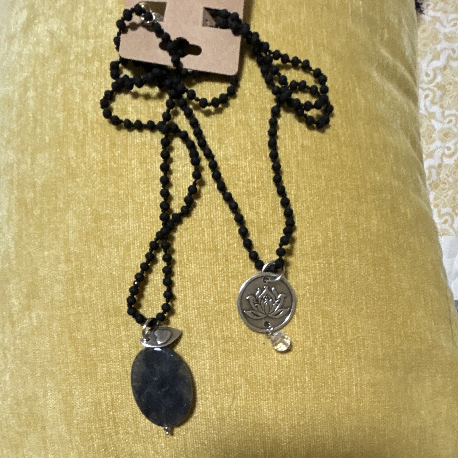Black Beaded Ball Chain Necklace Inspirational Round Charm Oval Pendant Signed