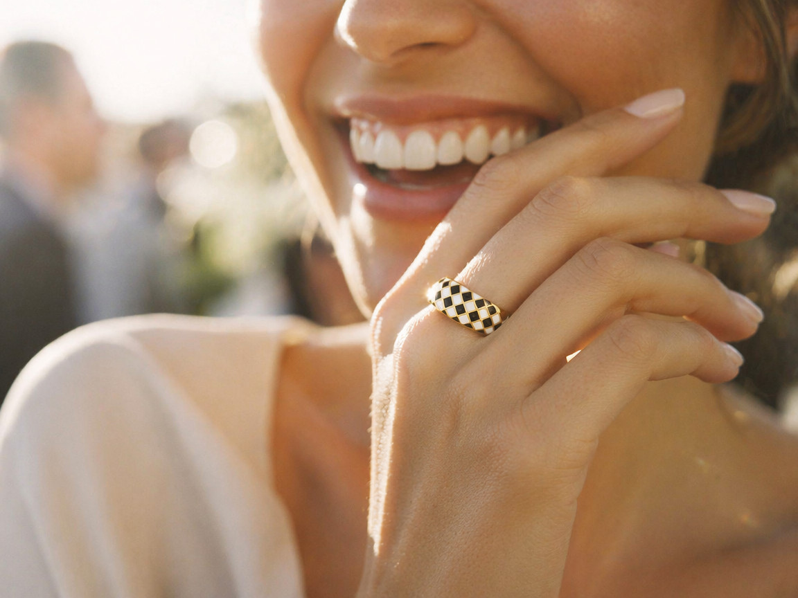 Black White Checkerboard Enamel Ring, Trendy Geometric Band, for Daily Party