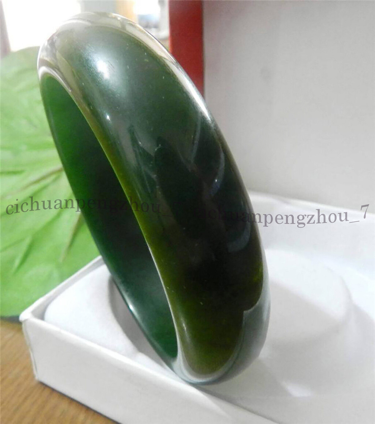 Real 58mm Dark Green Bangle Bracelet Natural A Green Jade Free-Jewelry Box