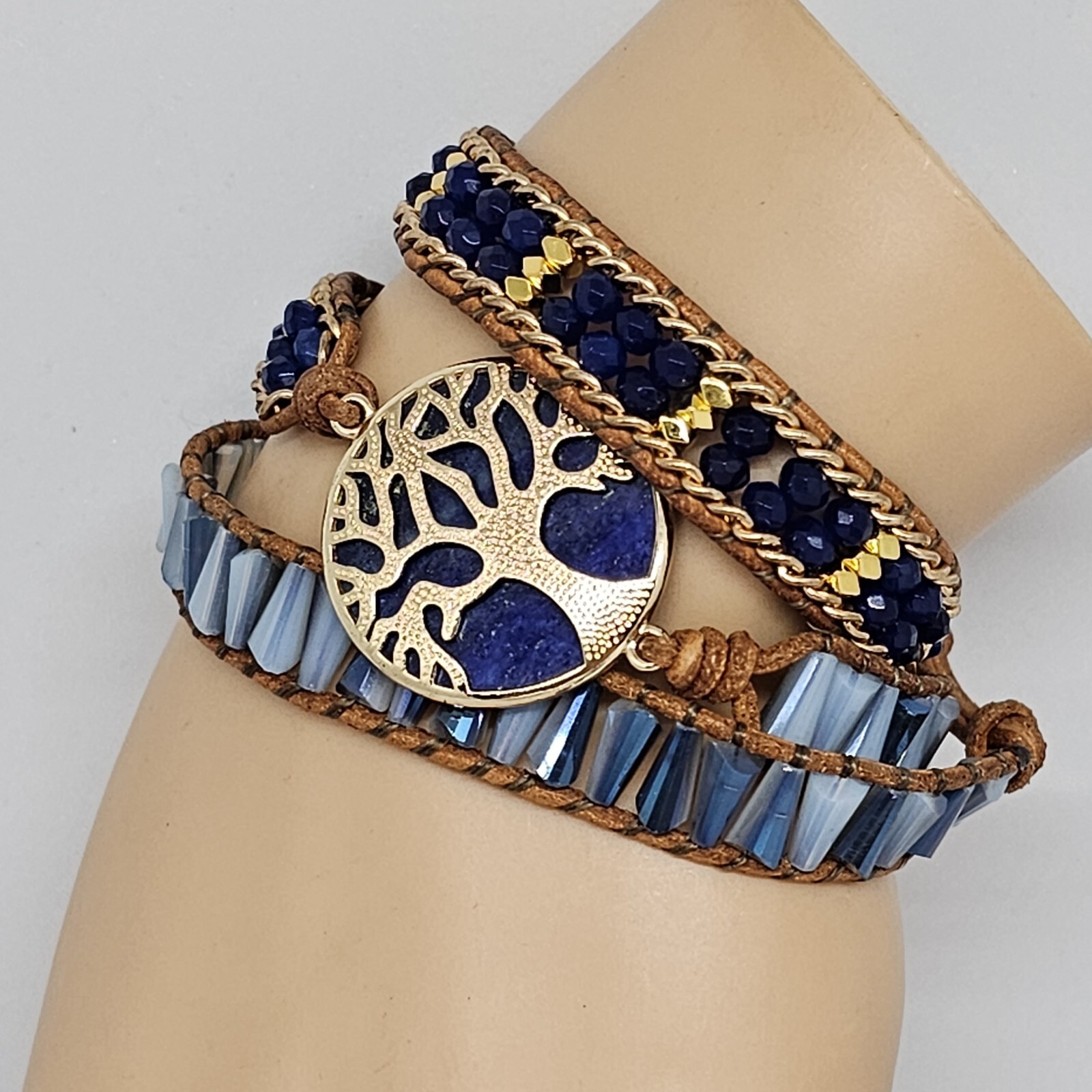 Blue Lapis Lazuli Tree of Life Bracelet Gold Crystal Braded Wrap Leather Boho