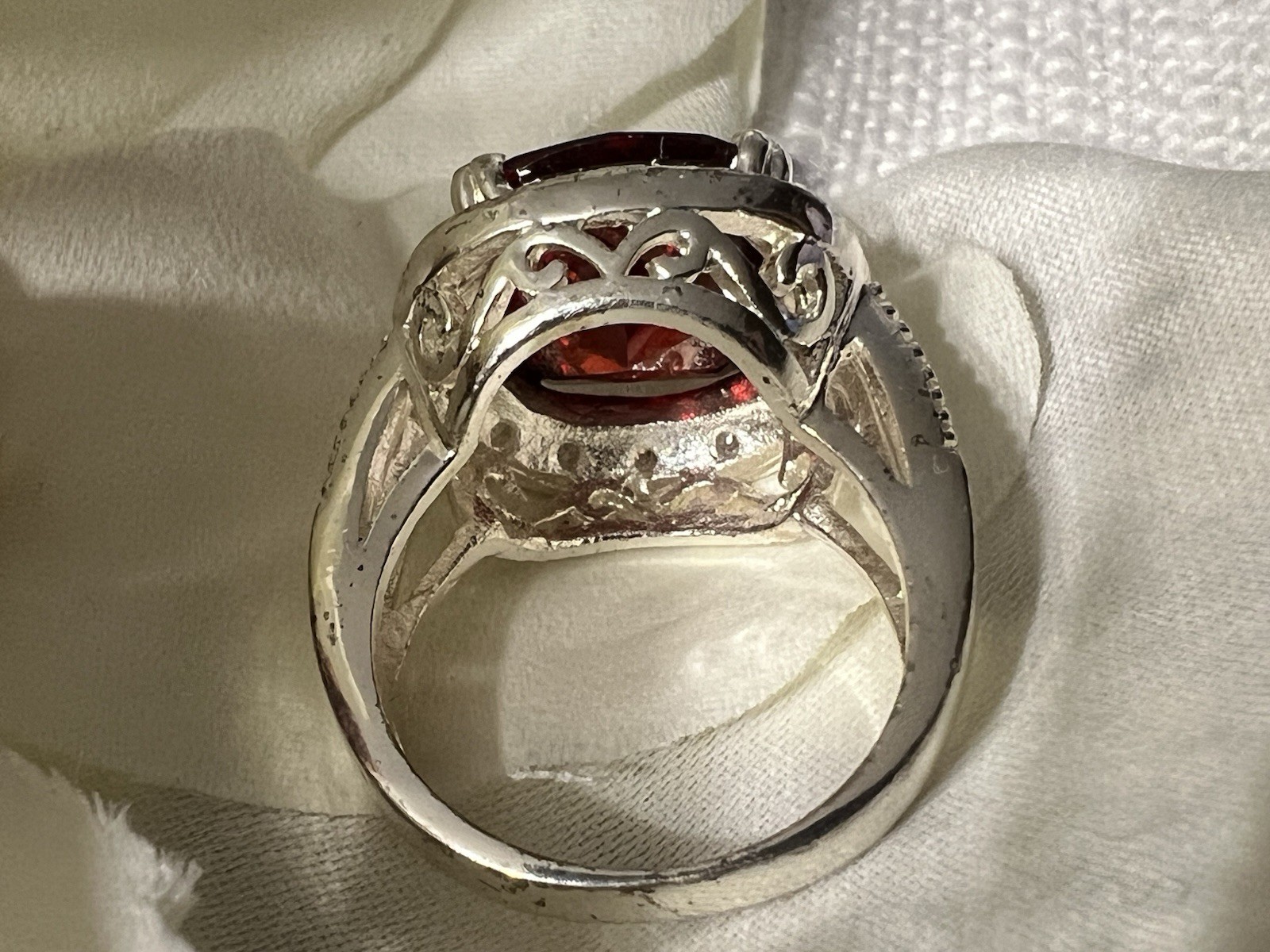 925 Sterling Silver Cocktail Ring Cushion-Cut Red Stone Prong Set Size 8.5