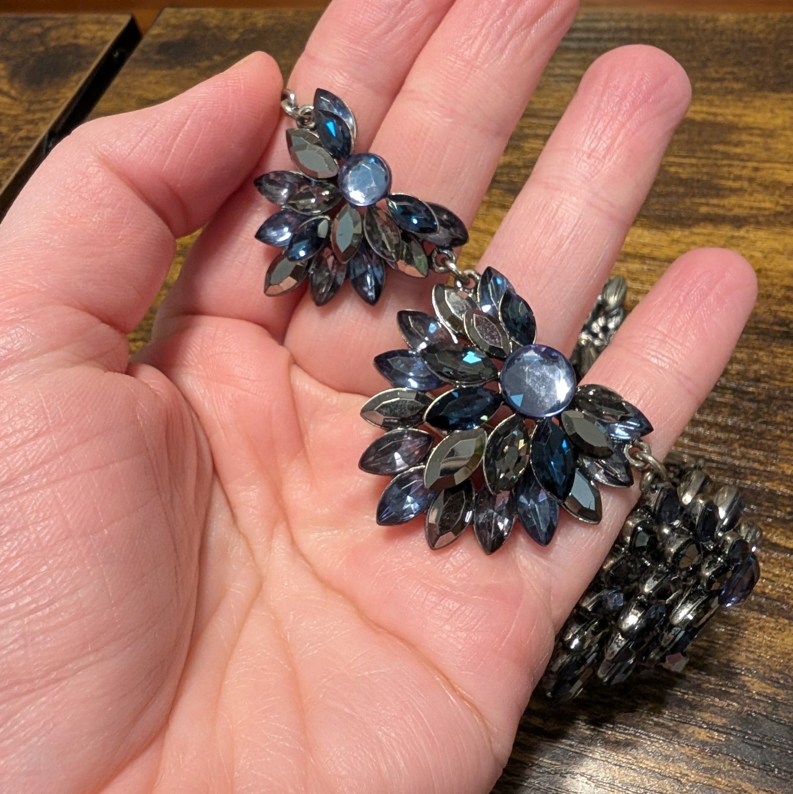 Navy Blue Crystal Marquise Flower 5 Cluster Statement Necklace Silver Tone