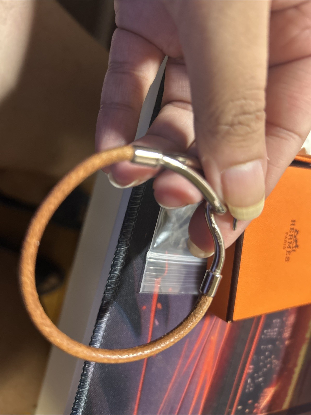 Authentic Hermes Hook Leather Bracelet Brown Wrap Silver Hook Clasp