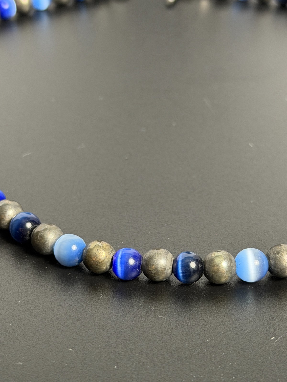 Blue Fiber Optic Cat’s Eye Glass & Pewter Tone Beaded Toggle Necklace 16”