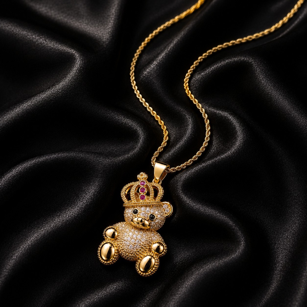 14K Teddy Bear Gold Filled Chain Iced Out Crown Pendant Rope Necklace
