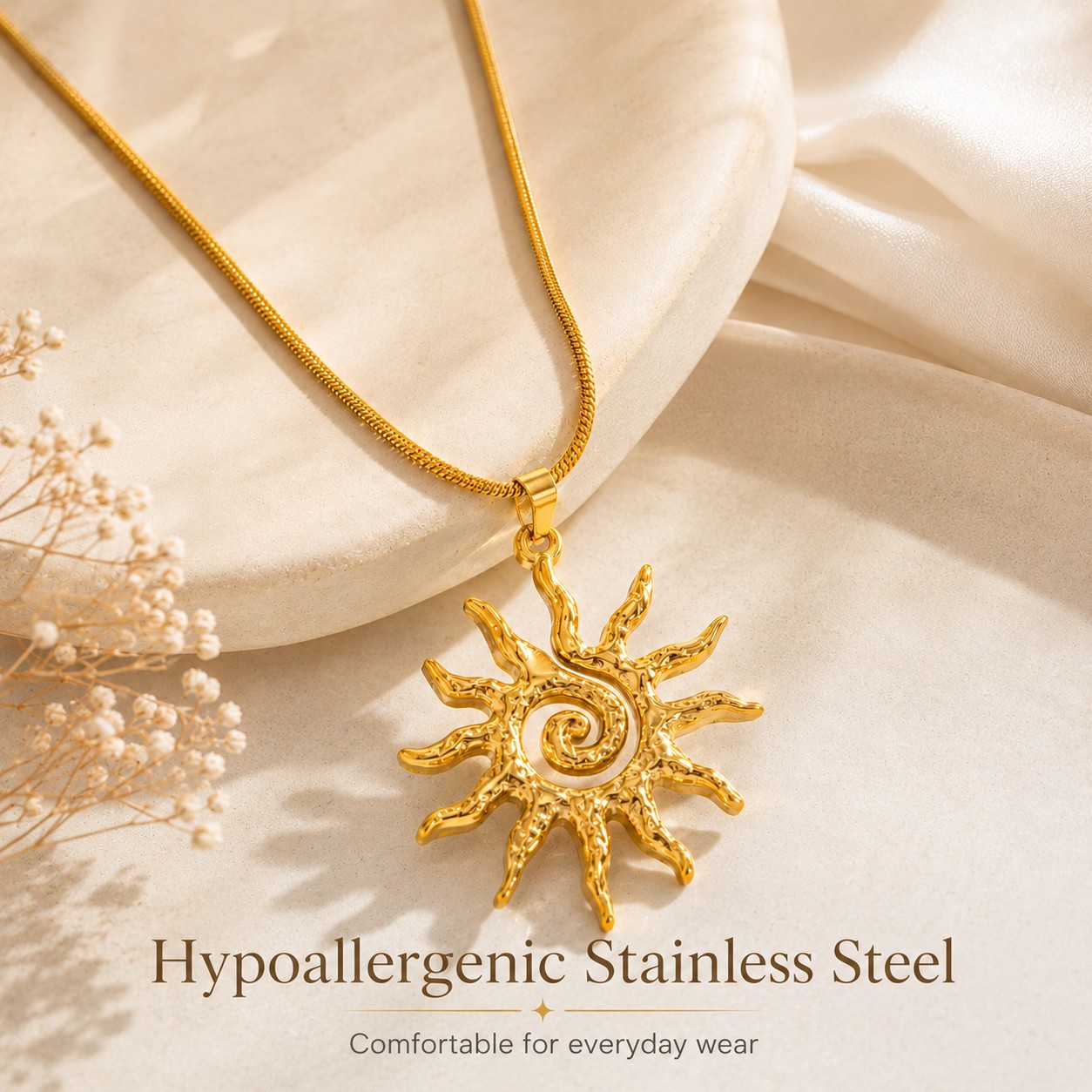 Gold Spiral Sun Necklace Stainless Steel Boho Celestial Pendant Women Jewelry
