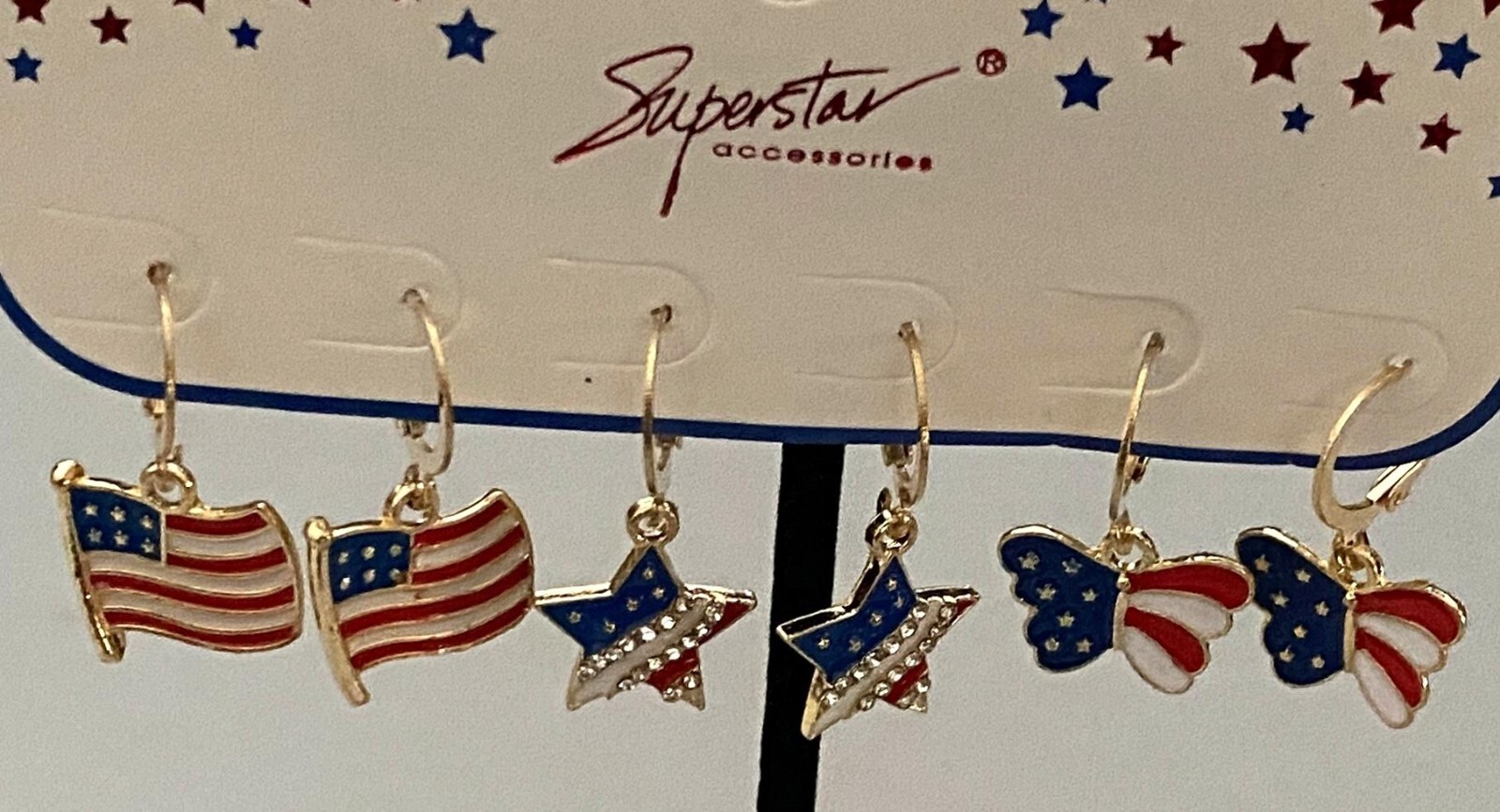 3 SETS PATRIOTIC GOLDTONE LEVERBACK DANGLING EARRINGS CRYSTALS FREE SHIPPING