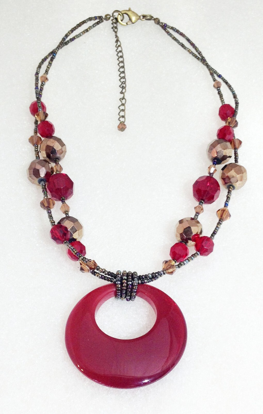 Lia Sophia CINNABAR $78 Necklace Red Glass Circle w Copper Colored Beads