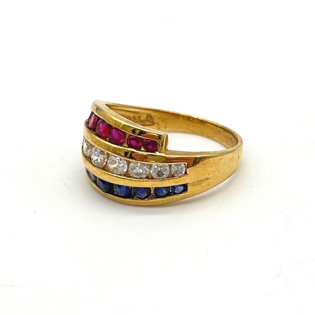 Gold Vermeil Sterling Silver Red White Blue Channel Set Triple Row Ring Size 10