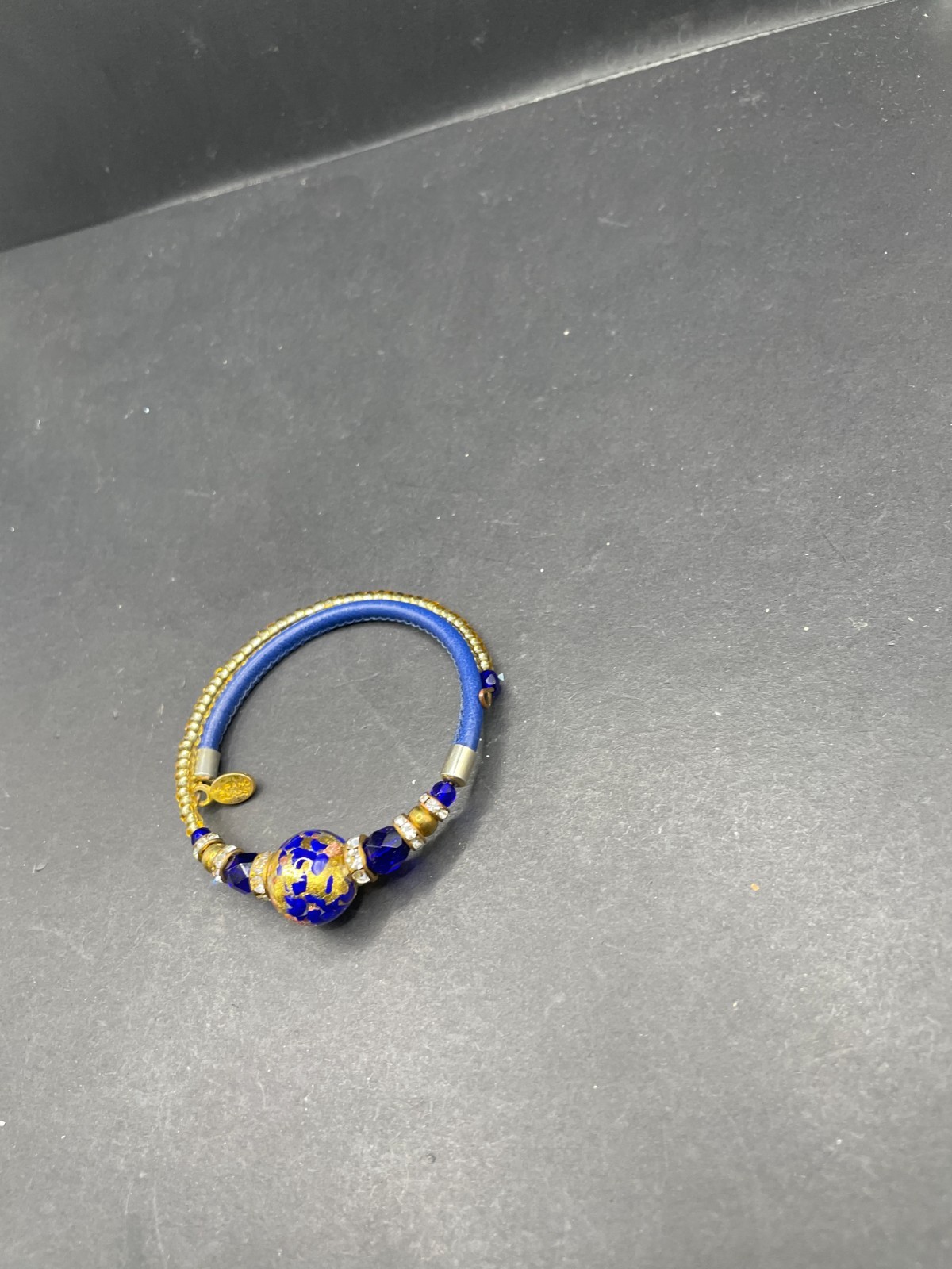 Murano Glass Coil Wrap Bracelet Blue Gold Foil Venetian Bead Rhinestone Leather