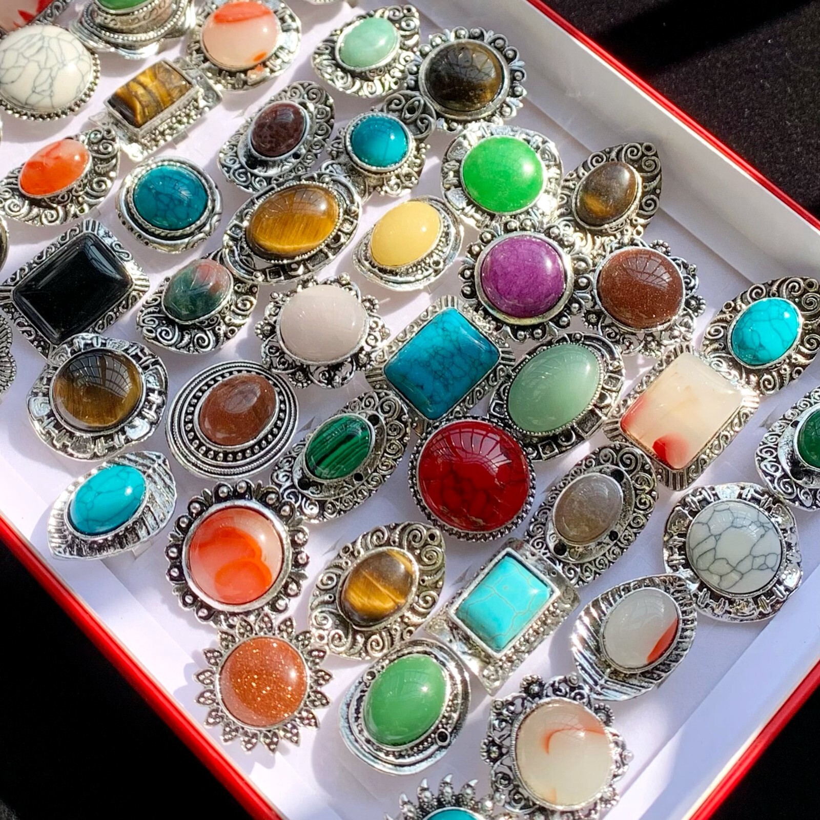 Wholesale 12pcs Big Natural Stone Vintage Rings Women Mix Antique Silver Jewelry