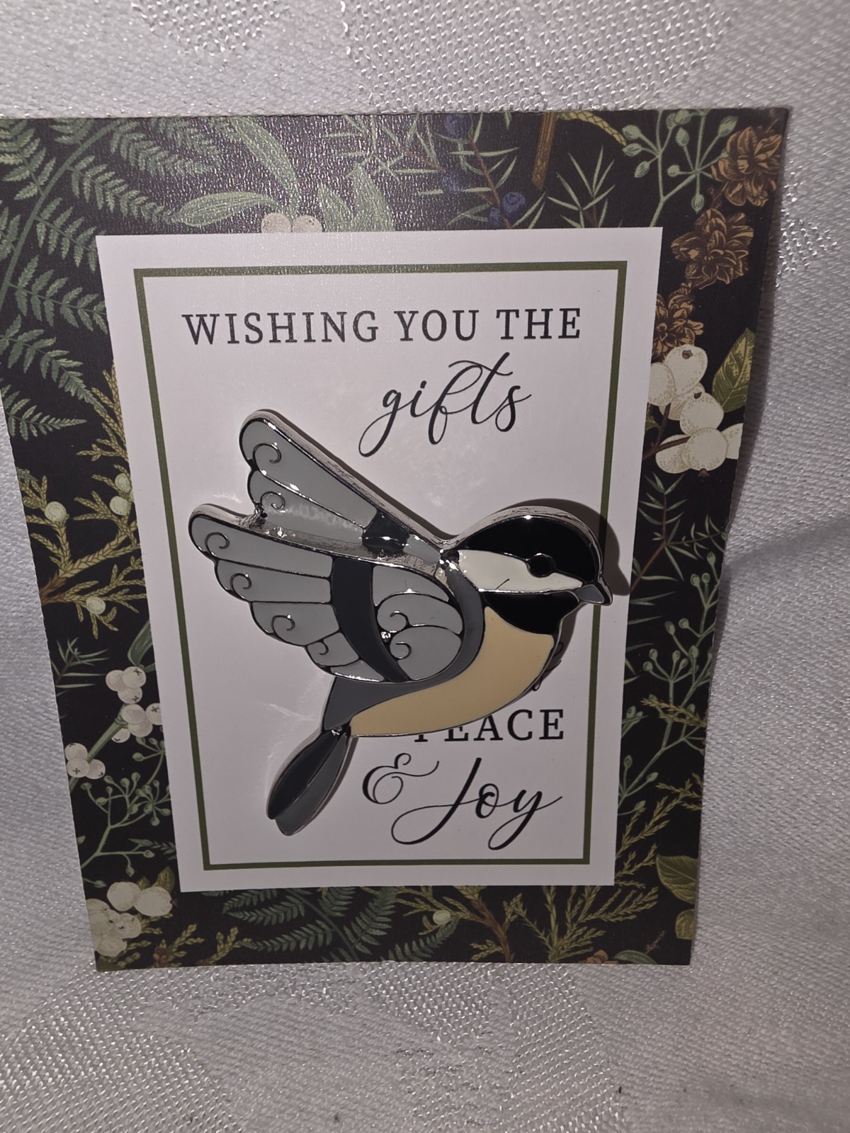 Black Capped Chicadee Enamel Pin 2.5″ On Greeting Card