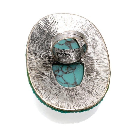 Adjustable Oval Turquoise Cabochon Beaded Cocktail Ring 2 Gemstone