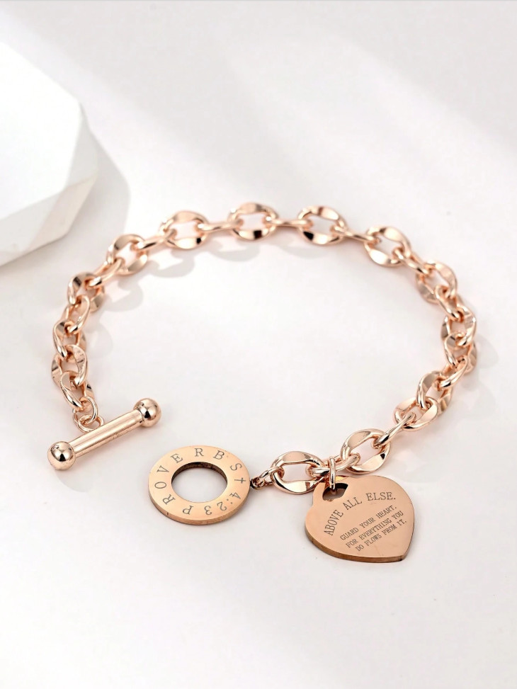 Womens Stainless Steel Heart Charm Toggle Bracelet Proverbs 4:23 Christian Gift