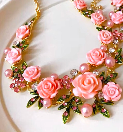 Pink ROSE Flowers PEARL Choker Rhinestone Betsey Johnson Necklace Earring SET
