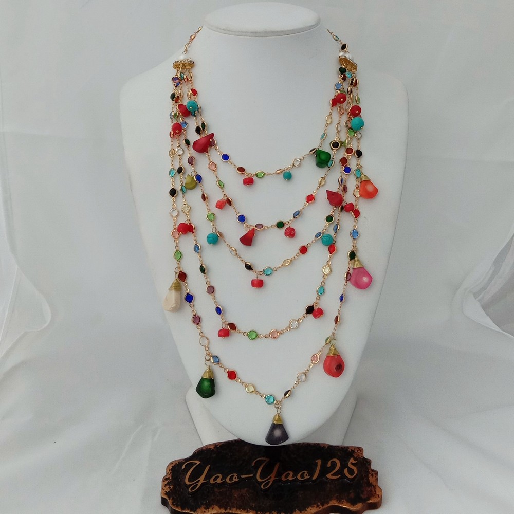 18” 5 rows Multi Color Coral Turquoise Pearl Chain Necklace Earrings Set