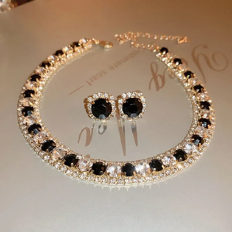 Luxury Crystal Necklace Earrings Set Champagne Green Blue Black Necklace