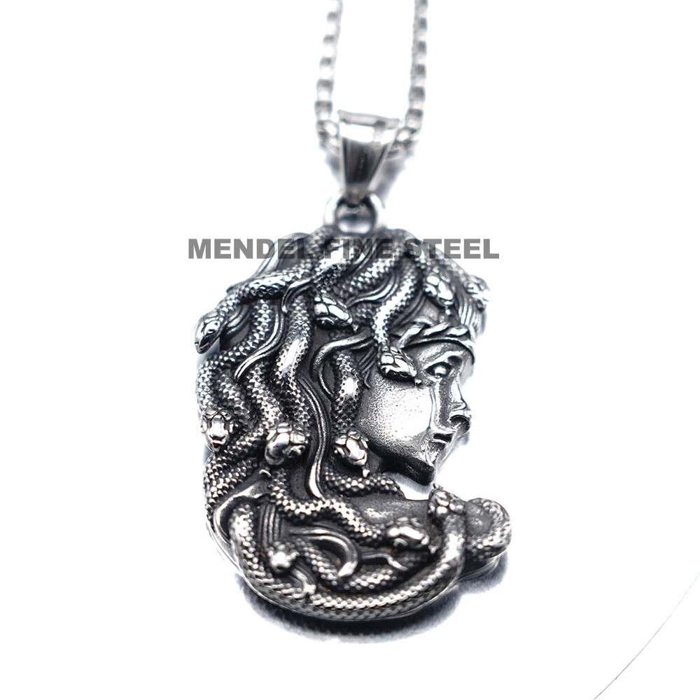 MENDEL Mens Womens Stainless Steel Greek Snake Medusa Head Pendant Necklace Men
