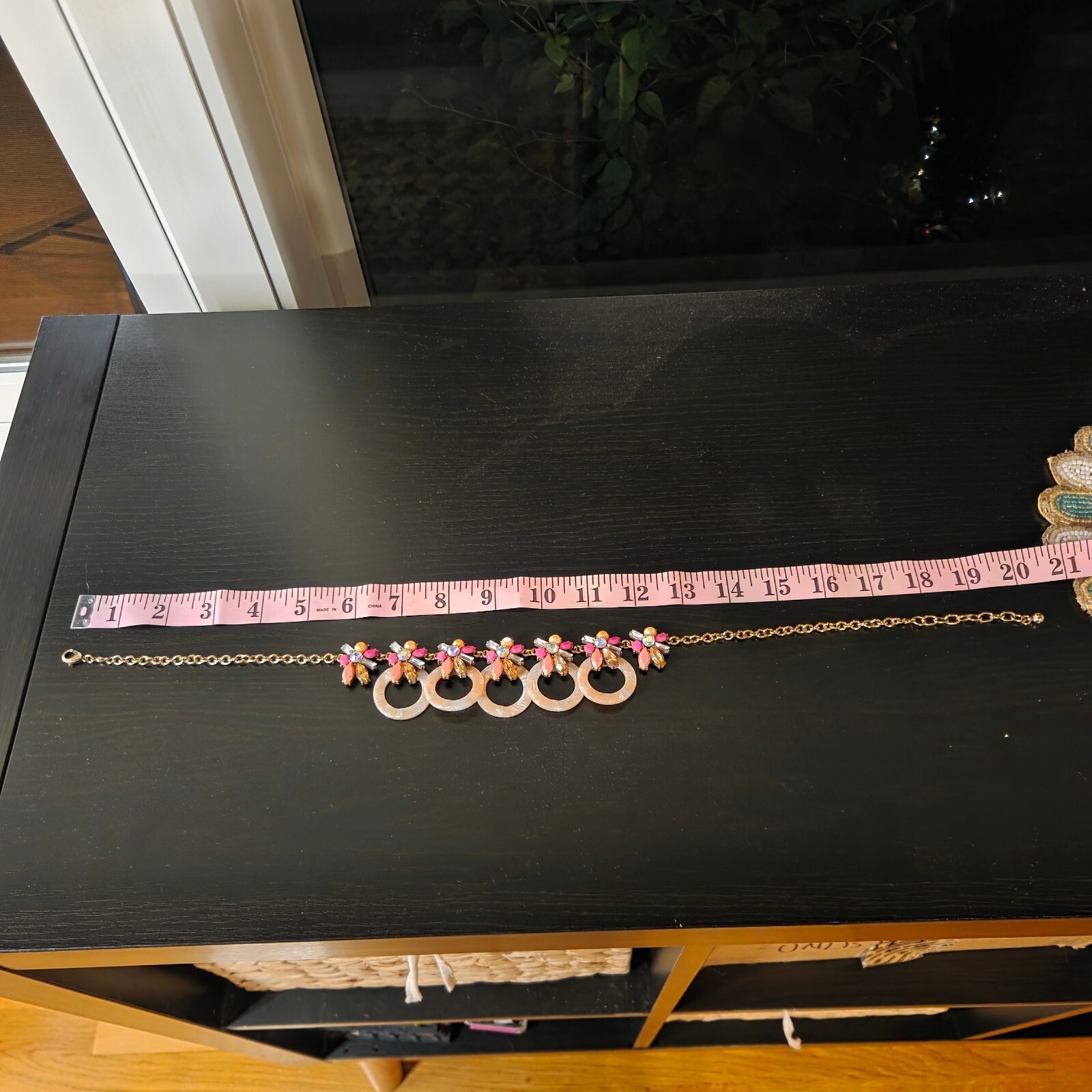 pink & gold boho statement necklace w/ circle pendants + colorful rhinestones