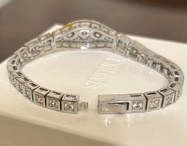Silver Tone Emerald Green CZ And Diamond CZ Art Deco Inspired Bracelet NWT