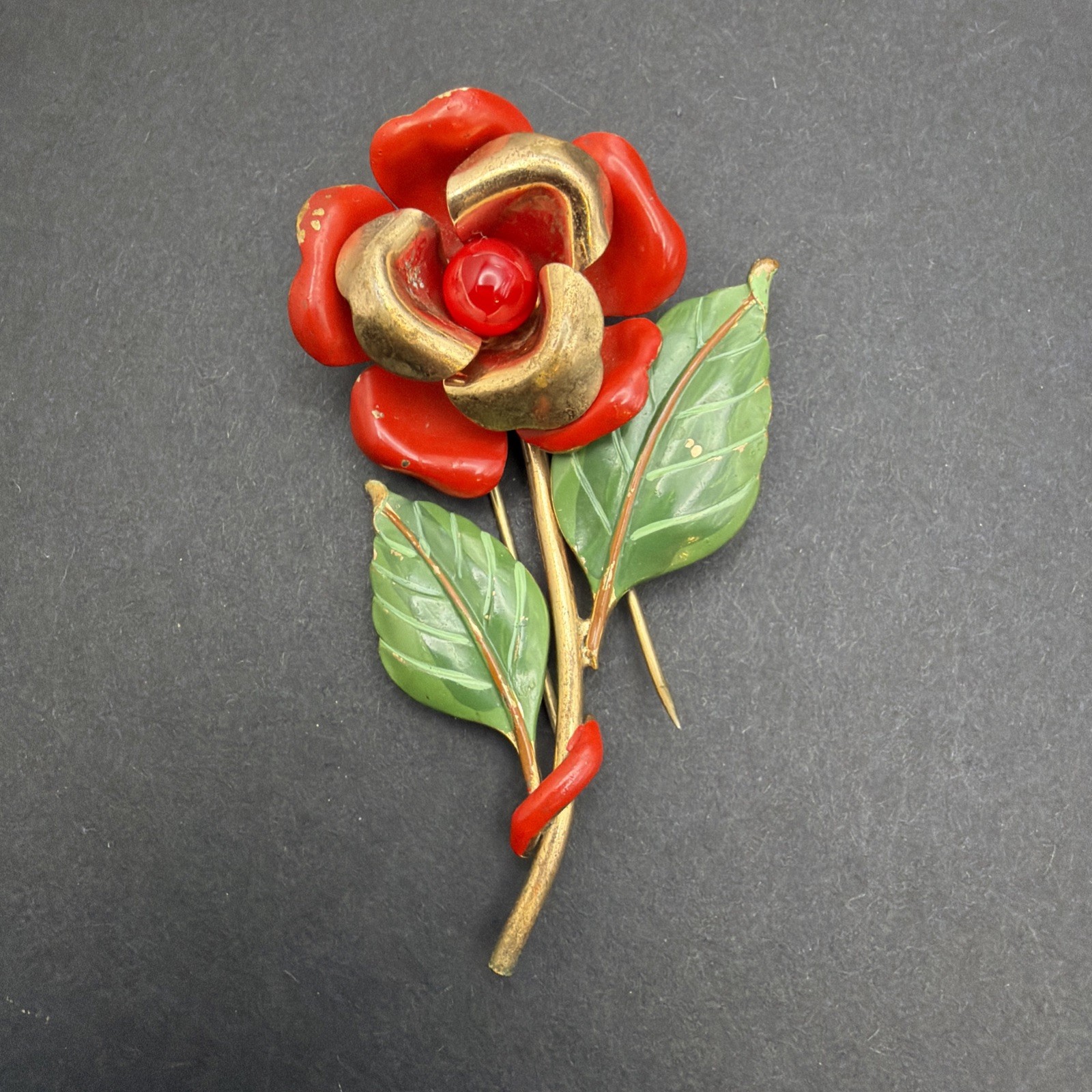 Vintage Crown Trifari Red Rose Green Enamel Set- Brooch & clip on earrings