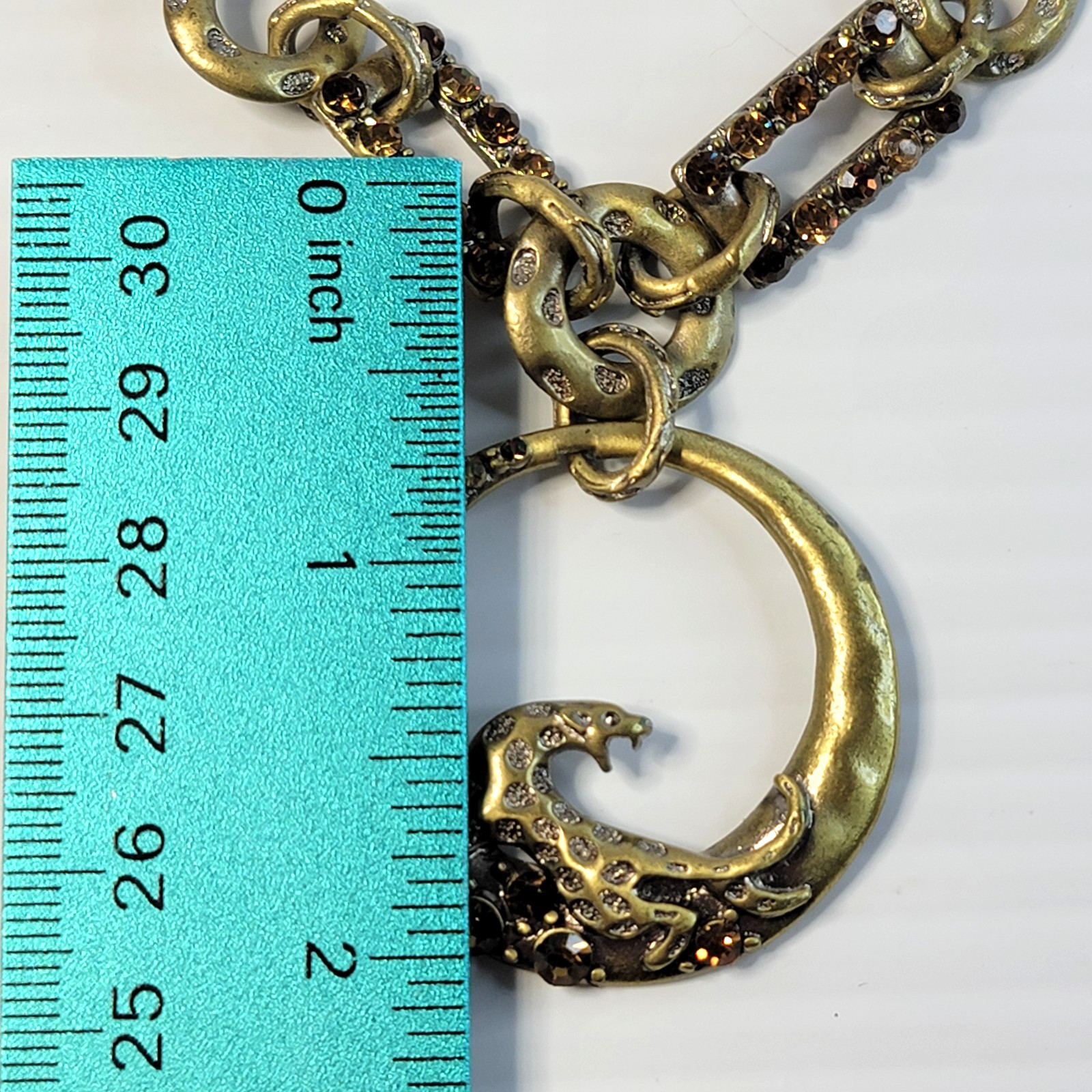 Vintage Bronze Tone Leopard Figure Statement Pendant Necklace Brown Leather Cord
