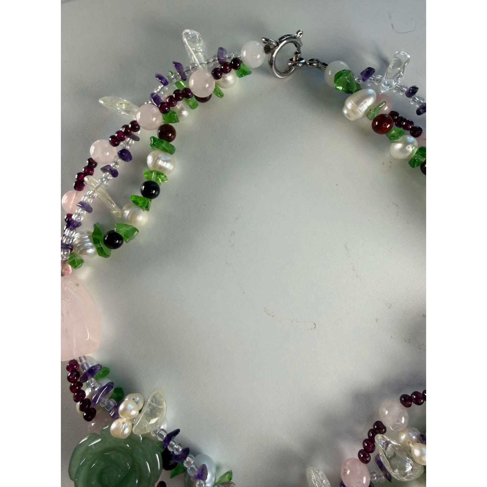 Green Aventurine Carved Rose Gemstone Pearl Multi-Strand Statement Necklace Boho