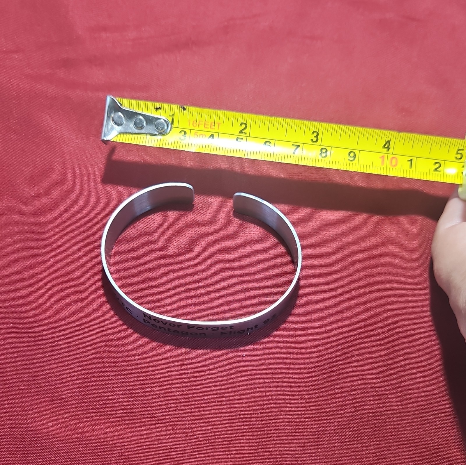 Silver Tone Engraved Cuff Bracelet, 9/11 Memorial Never Forget WTC Flight 93