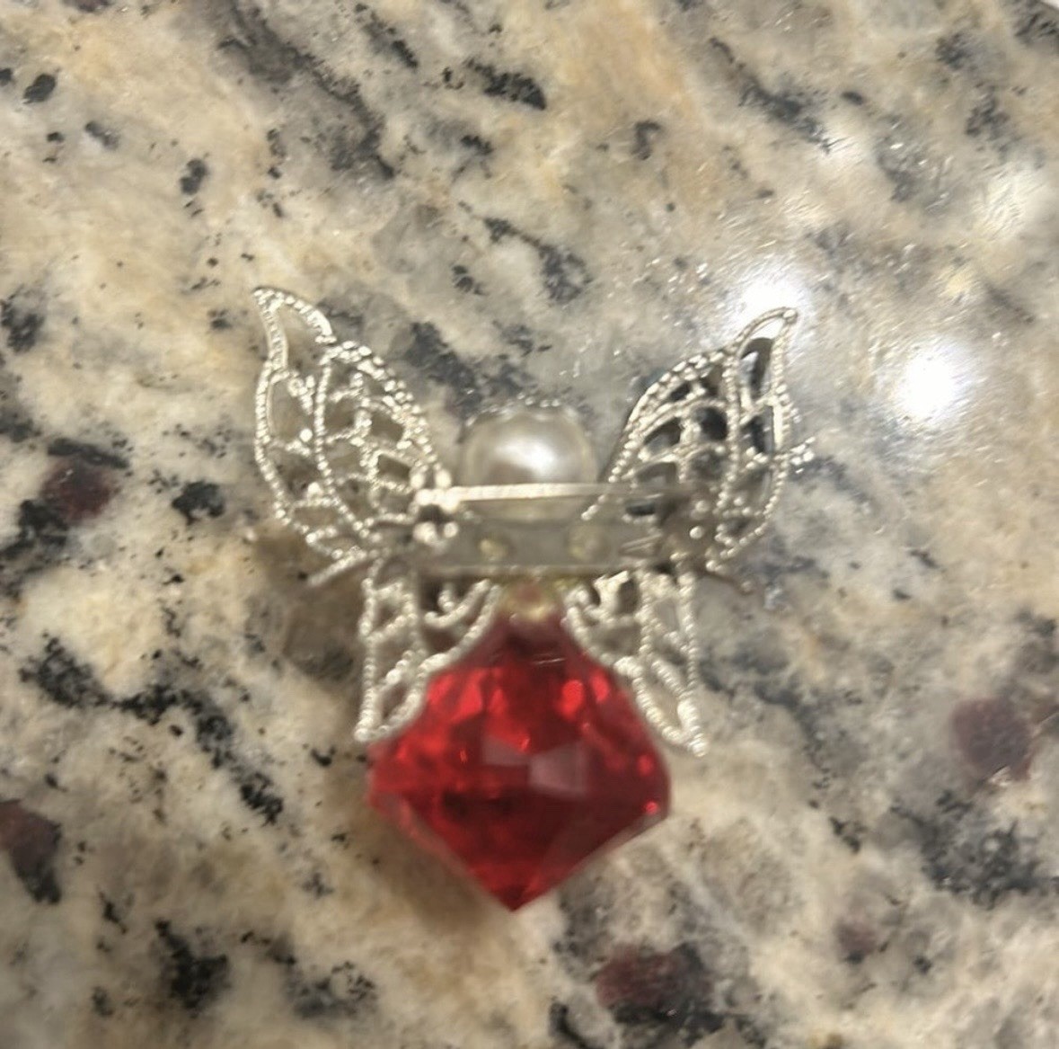 Silver Tone Angel Brooch Pin Red Round & Faux Pearl Accent