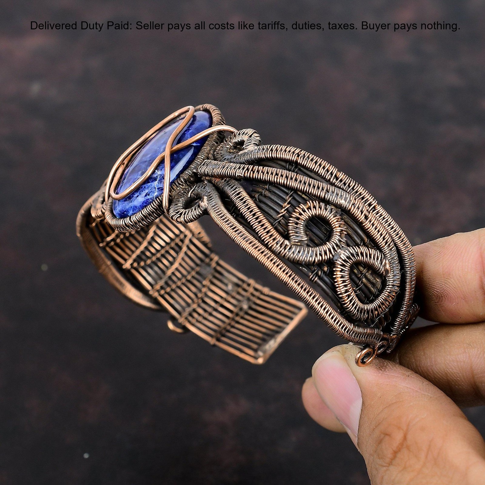 Oval Third Eye Chakra Sodalite Gemstone Boho Wire Wrapped Bangle Jewelry Copper