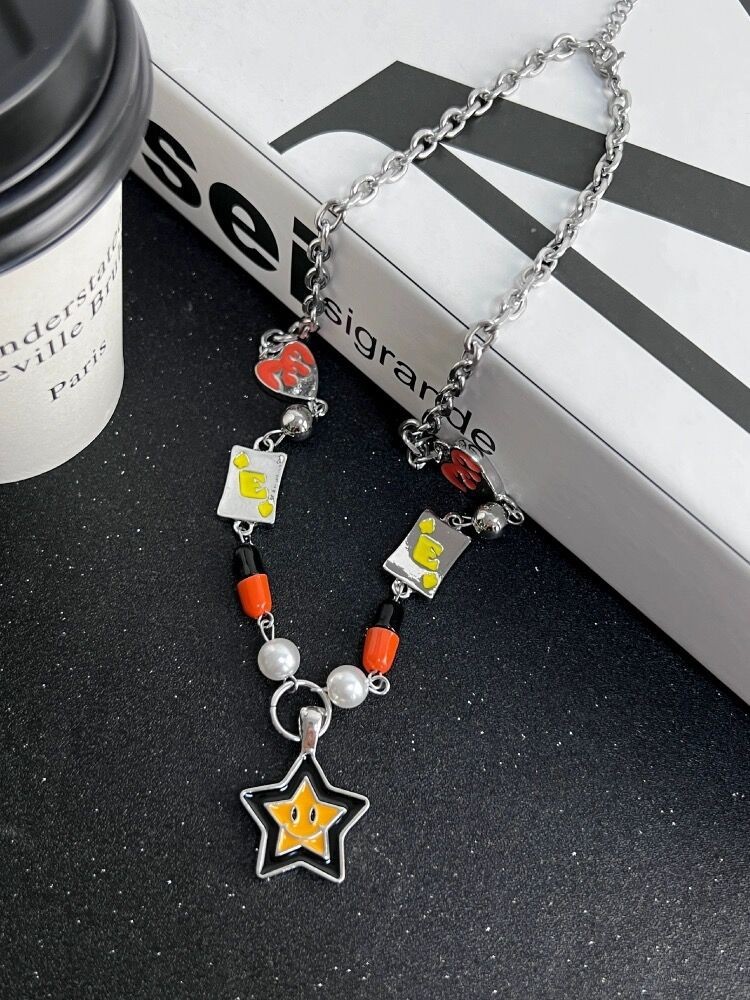 Silver Charm Necklace Star Smile Heart Card Pillar Bead Imitation Pearl Jewelry