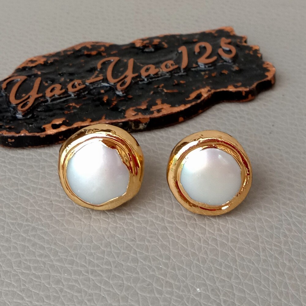 Freshwater White Coin Pearl Bezel Gold Plated Stud Earrings