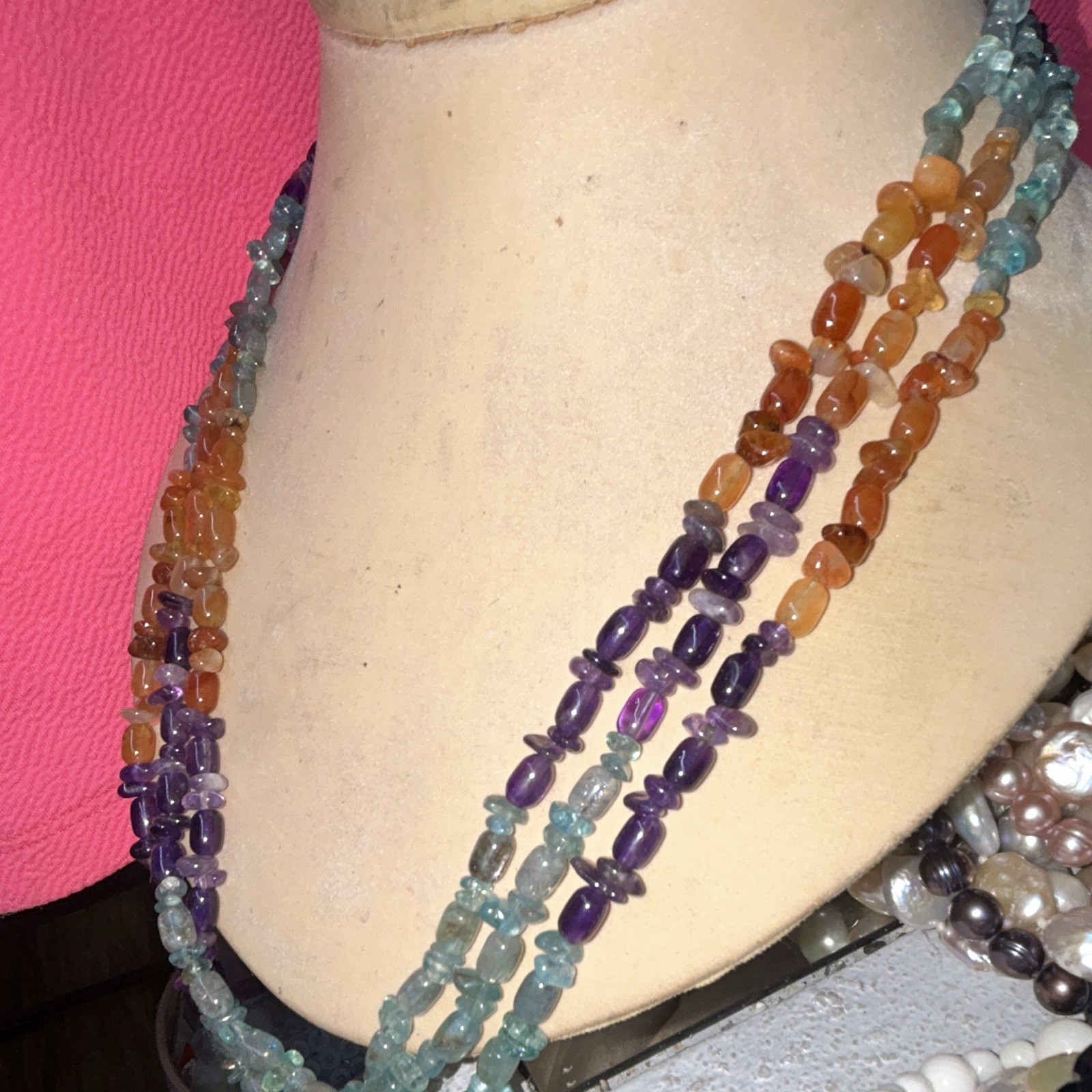Layered Multicolor Gemstone Beaded Necklace Amethyst, amber, turquoise