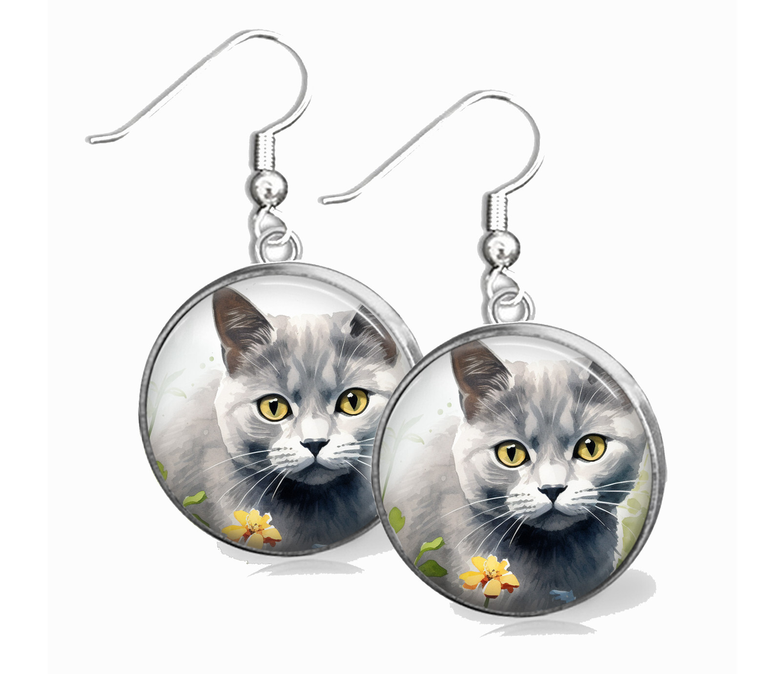 Russian Blue Cat Pendant Necklace & Earrings Set Russian Blue Cat Mom Gift
