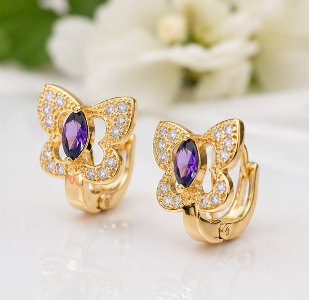 3Ct Marquise Simulated Amethyst Butterfly Hoop Earrings 14K Yellow Gold Plated