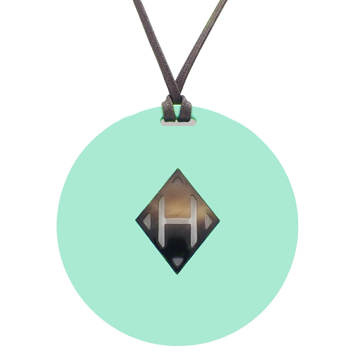Hermes H Logo Pendant Buffalo Horn Necklace Accessory Jewelry Brown Tea Turquois