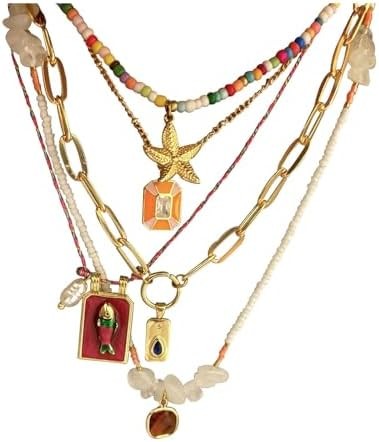 Pendant Necklace Set Bohemian Style Beaded Fish Star 5 Layered Collarbone Chain,