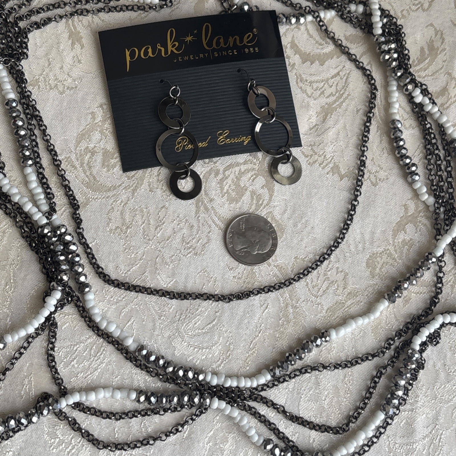 Park Lane Chic Earrings Hematite Tone Interlocking Circles & Unsigned Necklace