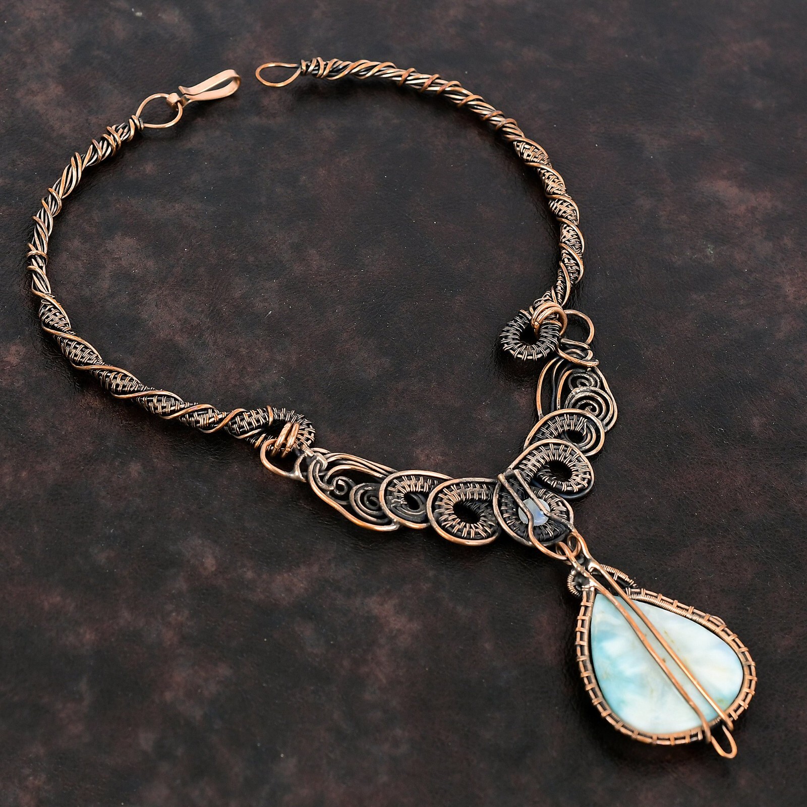 Larimar Gemstone Jewelry Copper Gift For Mum Wire Wrapped Chain Necklace 18.0″