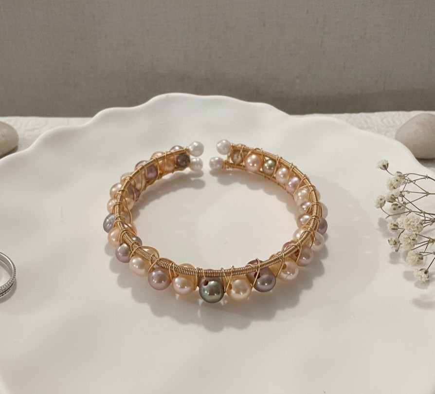 Natural Freshwater Pearl Wire Wrapped Cuff Bracelet Gold Tone Handmade Boho Gift