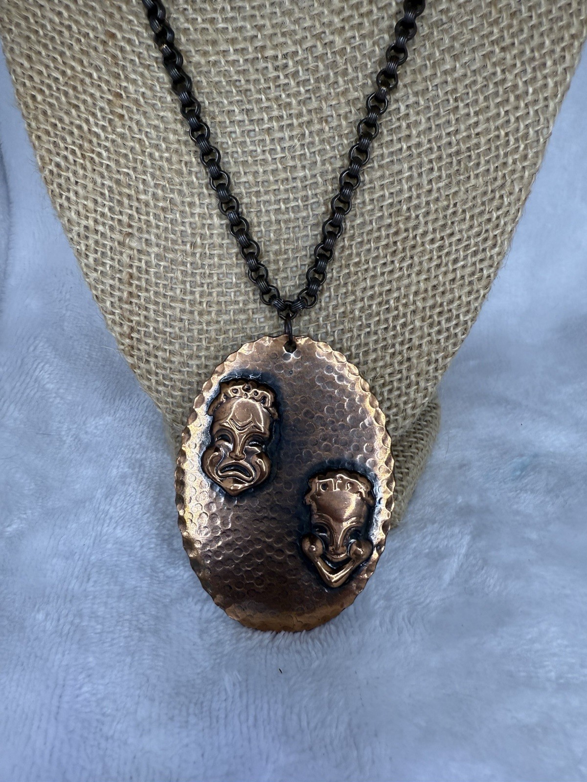 Vintage 1950s Comedy & Tragedy Mask Genuine Copper Necklace & Pendant