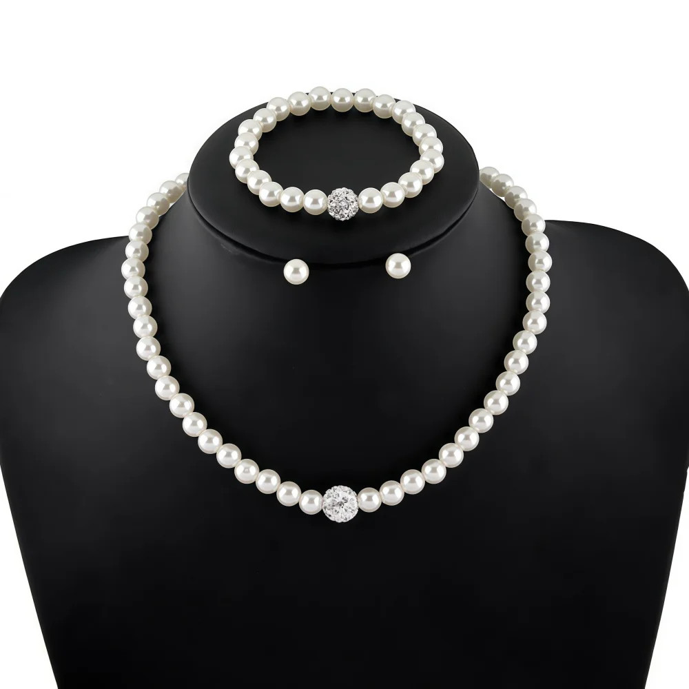 3PCS Pearl Jewelry Set Necklace Bracelet Earring Stud Gift Set For Women