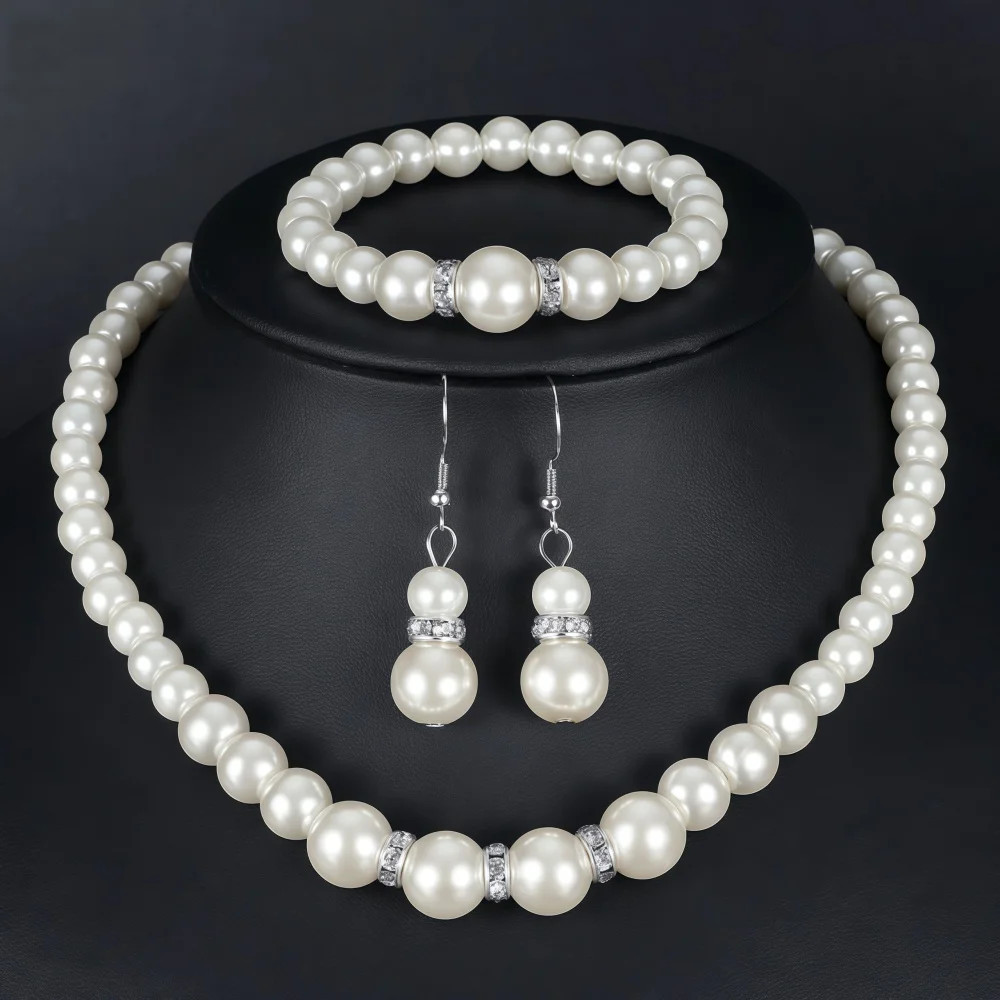 3PCS Pearl Jewelry Set Necklace Bracelet Earring Stud Gift Set For Women