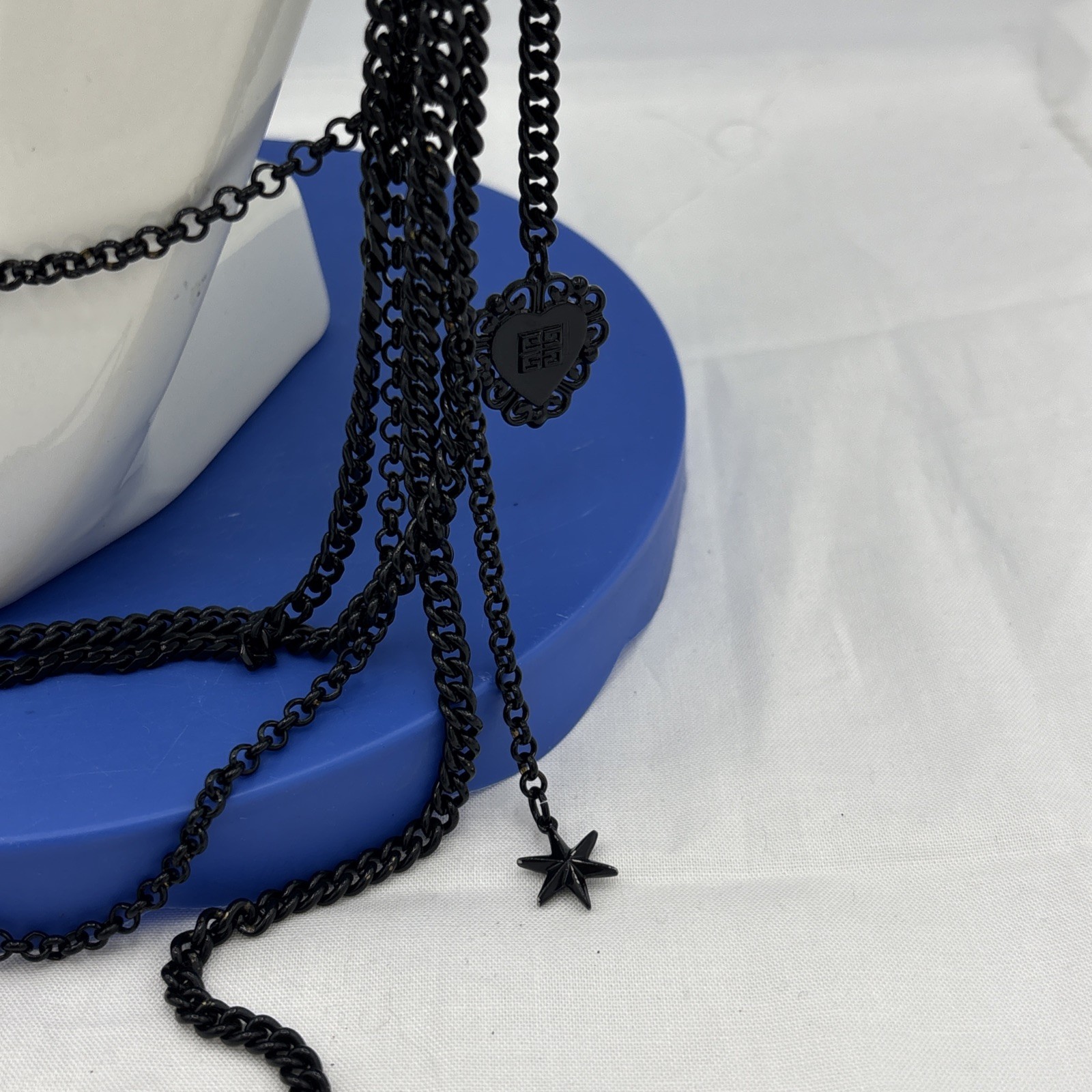 Givenchy Black Layered Chain Charm Necklace 26” Key Horseshoe Arrow Star Y2K