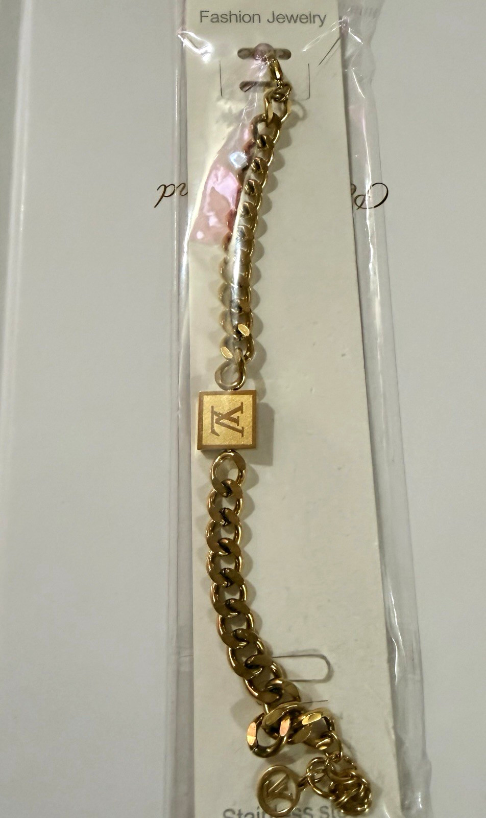 Gold Tone Curb Link Chain Charm Bracelet Square Dangle Charm Lobster Clasp