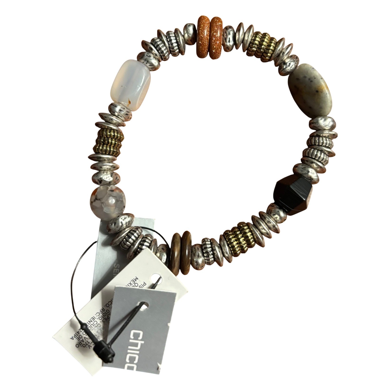 Chicos Semi Precious Stone Stretch Bracelet Mixed Metal Boho Beaded Multicolor