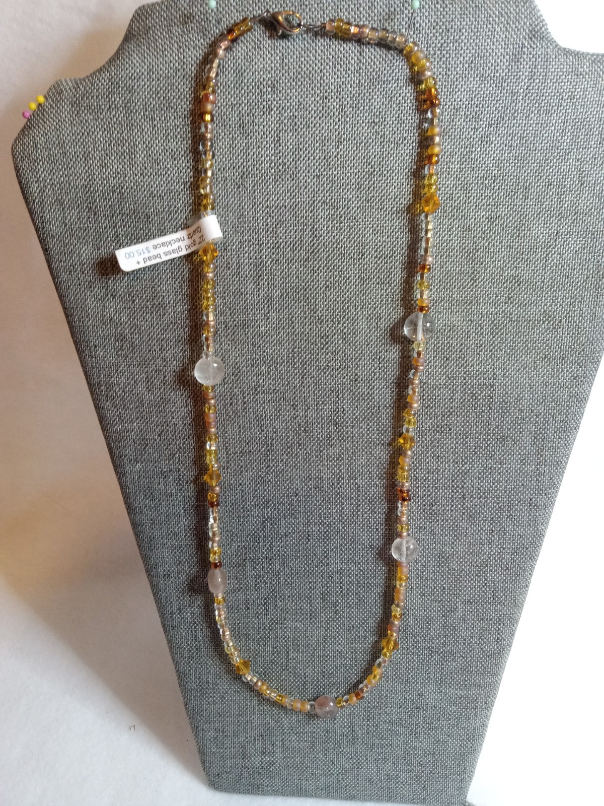 NWT Elegant 22 Inch Gold Glass Bead & Quartz Necklace Jewelry Gift For Her