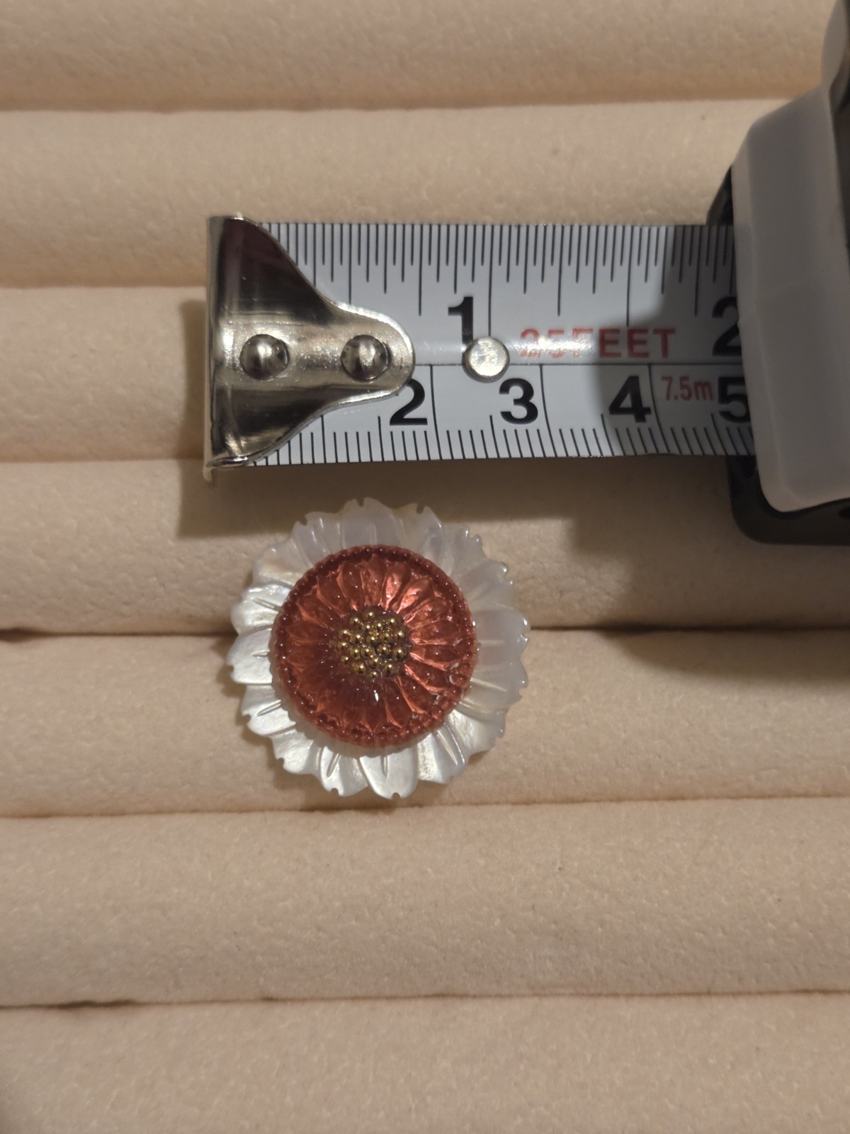 Salmon Pink Czech Glass Button And Mother Of Pearl Flower Brooch