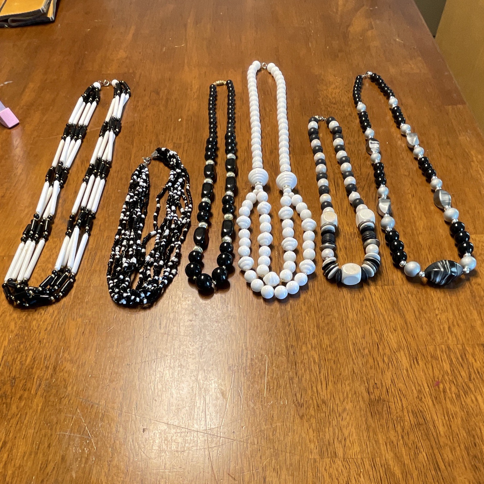 Vintage 1980’s Acrylic Lot of 6 Black & White Round Beaded Necklaces